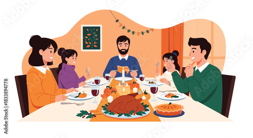 A happy family of five enjoys a festive Thanksgiving dinner around a beautifully set table, celebrating togetherness and the autumn season.