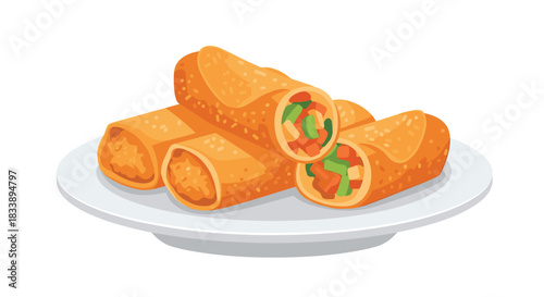 A delightful illustration showcases golden-fried spring rolls arranged neatly on a white plate, with some cut open to reveal a vibrant vegetable filling.