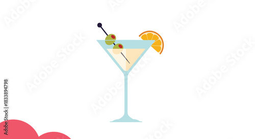 A refreshing martini cocktail in a classic glass, garnished with green olives and a vibrant orange slice, against a clean white background.
