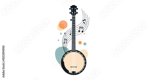 Stylized banjo with flowing musical notes and abstract colorful shapes, perfect for celebrating folk and country music.