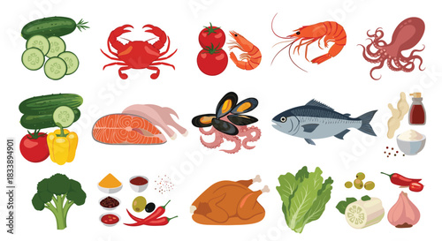 Diverse assortment of fresh raw food ingredients, including seafood, vegetables, poultry, and spices for healthy cooking.