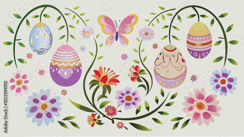 Whimsical easter celebration with decorative eggs colorful flowers and a charming butterfly amidst green vines on a light background
