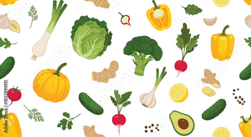 Vibrant seamless pattern showcasing a healthy assortment of garden-fresh vegetables, fruits, and spices, ideal for culinary designs.