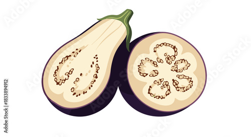 Fresh purple eggplant cut in two pieces, one lengthwise and one cross-section, beautifully illustrating the creamy white flesh and brown seeds.