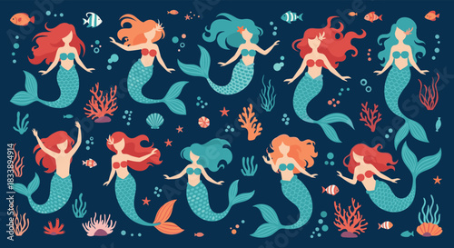 A charming illustration of colorful mermaids with vibrant hair and tails, swimming amidst coral, fish, and bubbles in a deep blue ocean.