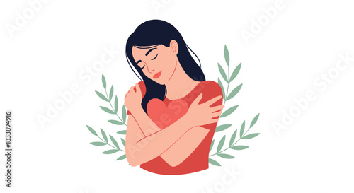 A serene young woman with closed eyes embraces herself, holding a heart, surrounded by gentle leaves, symbolizing self-love and emotional well-being.