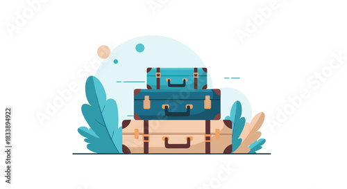 Stacked vintage-style suitcases in blue and beige colors, surrounded by abstract elements, evoking themes of travel, holidays, and journey.