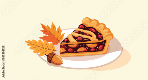 A cozy slice of autumn fruit pie with fall leaves and an acorn on a plate, perfect for Thanksgiving and harvest celebrations.