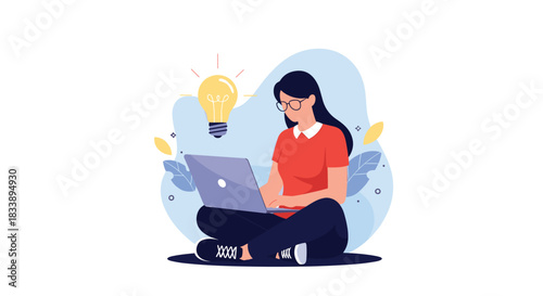 A focused young woman sits cross-legged, typing on her laptop, with a bright light bulb symbolizing a new idea or inspiration.