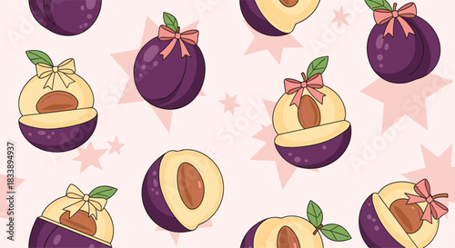 Adorable seamless pattern of purple plums, some whole, some halved with pits, featuring decorative bows and green leaves on a soft pink background with stars.