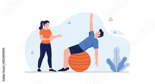 Flat vector illustration of a physical therapist guiding a man through an exercise using a stability ball for recovery.