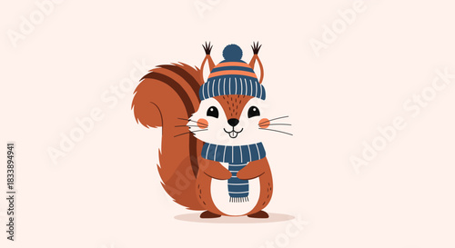 A cute cartoon squirrel wearing a warm striped beanie hat and a matching scarf, smiling cheerfully against a light background.