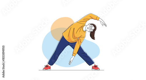 An illustrated young woman in comfortable clothing performs a side bend stretch, promoting flexibility and a healthy lifestyle.