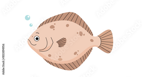 A charming cartoon flounder fish with a light brown body and darker spots, swimming left with a happy expression and two blue bubbles.