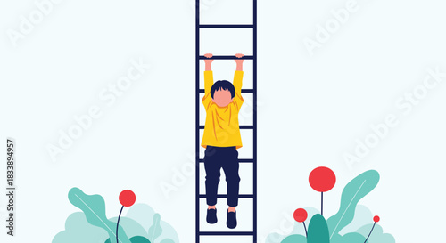 A child in a yellow shirt hangs from a tall ladder, with colorful flowers and plants at the base, symbolizing growth and ambition.