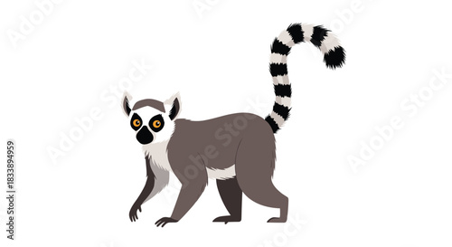 An adorable cartoon ring-tailed lemur stands alert, showcasing its distinctive striped tail and curious expression on a white backdrop.