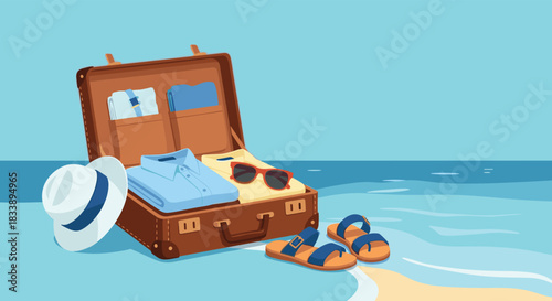 An open suitcase filled with summer clothes and accessories sits on a sandy beach next to the ocean, ready for a perfect tropical vacation.
