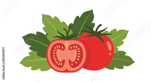 Juicy red tomatoes, one whole and another sliced in half to display its internal structure and seeds, presented with lush green leaves.