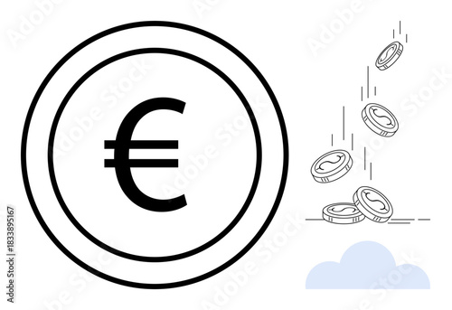 Finance, economy, currency trends, investment, monetary flow, savings. Bold euro symbol alongside falling coins. Finance and economy concept currency flow and investment potential