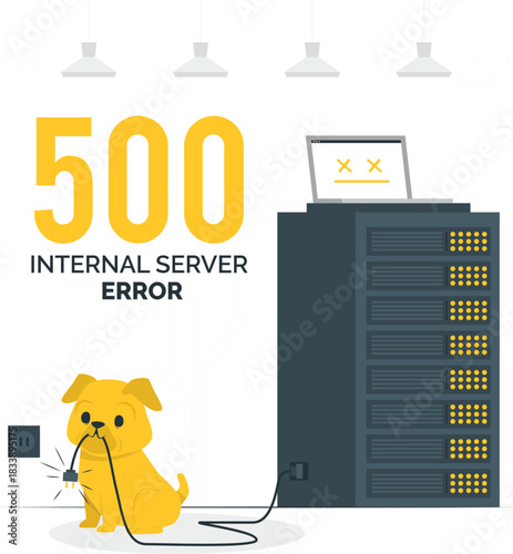 Yellow dog chews on unplugged server power cord with 500 error puppy computer server