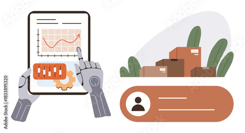 Robotic hands study data charts and gear, surrounded by cargo boxes and user profile. Ideal for logistics, supply chain, technology, automation, artificial intelligence, robotics innovation. Simple