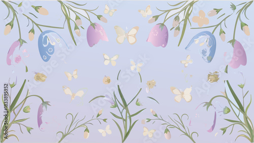 A whimsical and delicate illustration featuring a pastel colored garden scene with blooming flowers and fluttering butterflies against a soft lavender background
