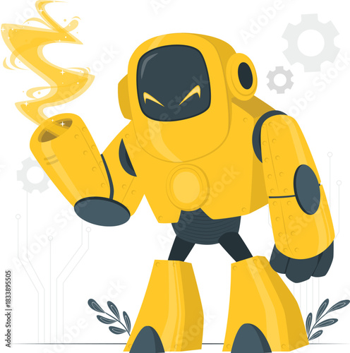 Yellow robot with glowing arm and gears android machine