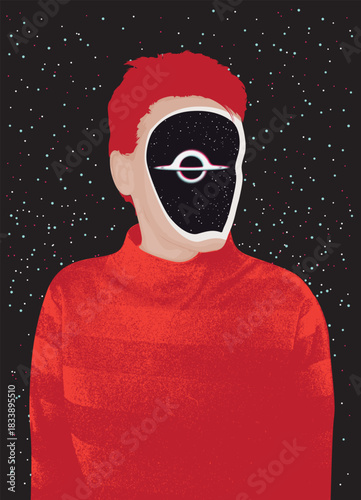 A surreal portrait with hole in face, the universe, a planet, stars. It symbolizes connection with the cosmos and the boundless inner world of human. Banner on theme of psychology, development. No ai