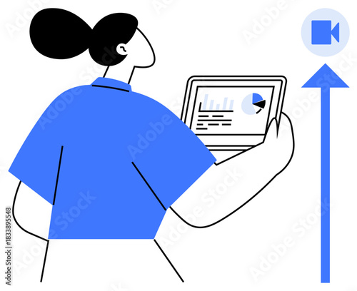 Business analysis, remote collaboration, video communication, digital trends, online learning, teamwork. Woman holding a tablet displaying data and charts with video icon. Business analysis
