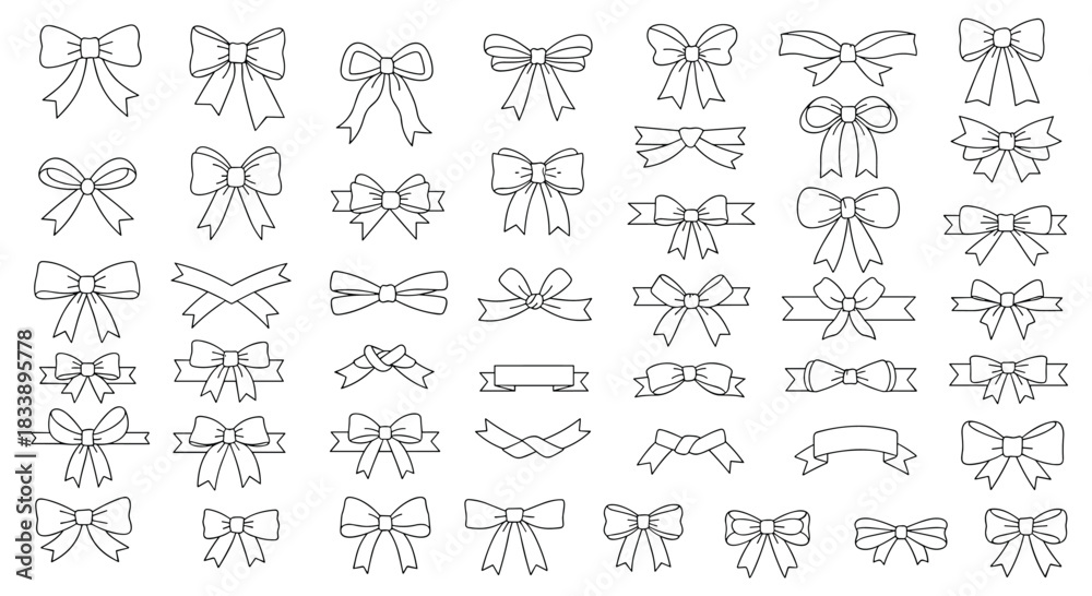Obraz premium Large collection of various gift bows and ribbons illustrated in a simple black and white dashed line or outline style.