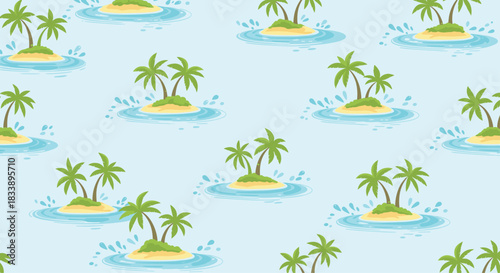 Seamless pattern background of cute cartoon tropical islands with green palm trees and water splashes on a light blue sea.