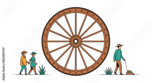 Large vintage wooden wagon wheel in the center with small, illustrated people walking past it on a white background.