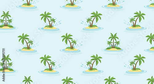 Fun seamless pattern of cartoon tropical islands with one or two palm trees, surrounded by blue water on a light background.