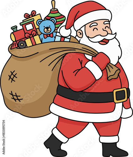 Santa claus carrying a large sack full of christmas gifts and toys while walking through a snowy landscape, spreading holiday cheer and goodwill.