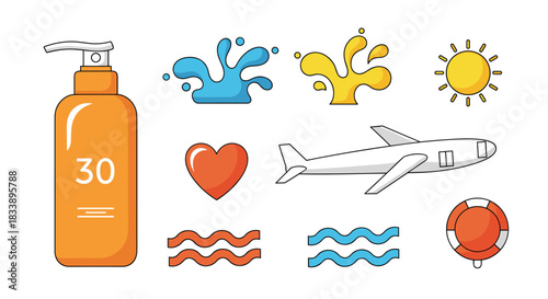 Set of summer vacation and travel icons including sunscreen, airplane, lifebuoy, heart, sun, and water splashes and waves.