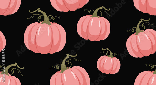 Seamless repeating pattern of cute pink pumpkins with green curly stems scattered on a solid black background for Halloween.