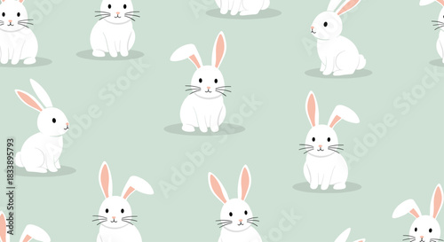 Seamless pattern of cute white cartoon rabbits sitting in various poses on a muted green background for nursery decor.
