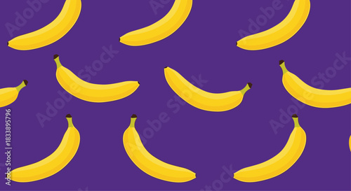 Seamless pattern of ripe yellow bananas randomly scattered on a vibrant purple background for a fun and fruity design.