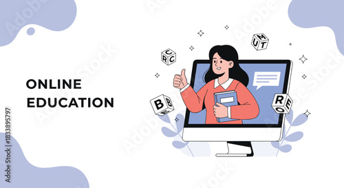 Online education concept banner with a female teacher coming out of a computer screen, surrounded by flying letter cubes.