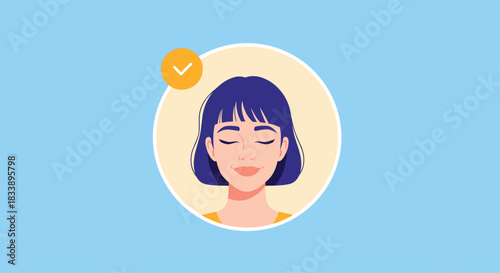 Profile avatar of a happy, relaxed woman with blue hair, closed eyes, and a checkmark, indicating verification or wellness.