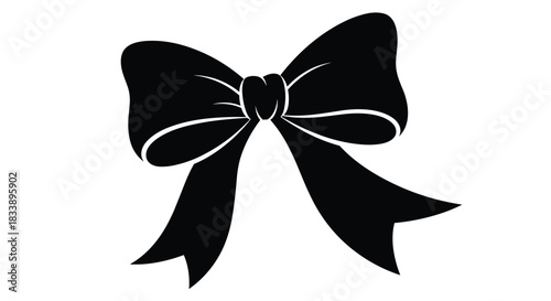 Elegant black silhouette of a classic gift bow with flowing ribbons, presented as a vector illustration on a white background.