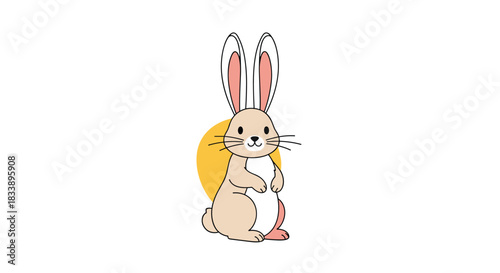 Cute cartoon rabbit standing on its hind legs with a yellow sun circle in the background, illustrated in a simple style.