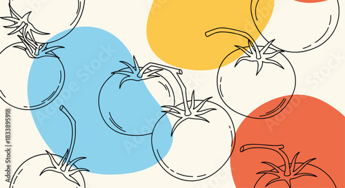 Abstract seamless pattern featuring hand-drawn black outline tomatoes over colorful blue, yellow, and red organic shapes.