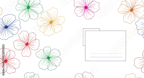 A floral background design with colorful outline flowers and a blank white rectangular space for text, ideal for invitations.