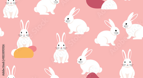 Seamless pattern of cute white rabbits in various poses on a lovely pink background, perfect for nursery or textile designs.