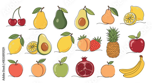 A vibrant collection of assorted fruits drawn in a continuous line art style with colorful abstract shapes and doodle effects.