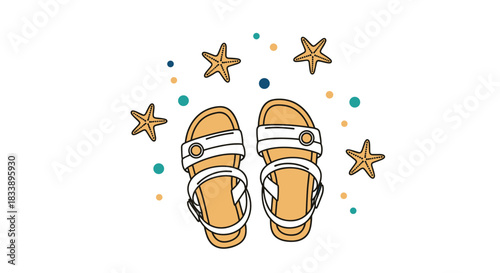 Top-down view of summer sandals surrounded by starfish and colorful dots, illustrated in a clean outline style for vacation.