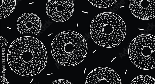 A seamless monochrome pattern of hand-drawn donuts with sprinkles in white outline on a contrasting solid black background.