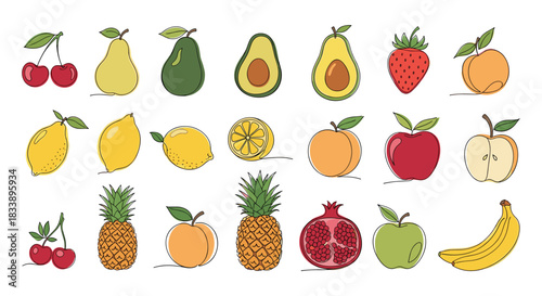 A colorful set of various fruits illustrated in a charming hand-drawn, single-line art style, isolated on white background.