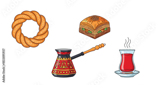 A collection of traditional Turkish food and drink illustrations, including simit, baklava, a cezve, and a glass of tea.